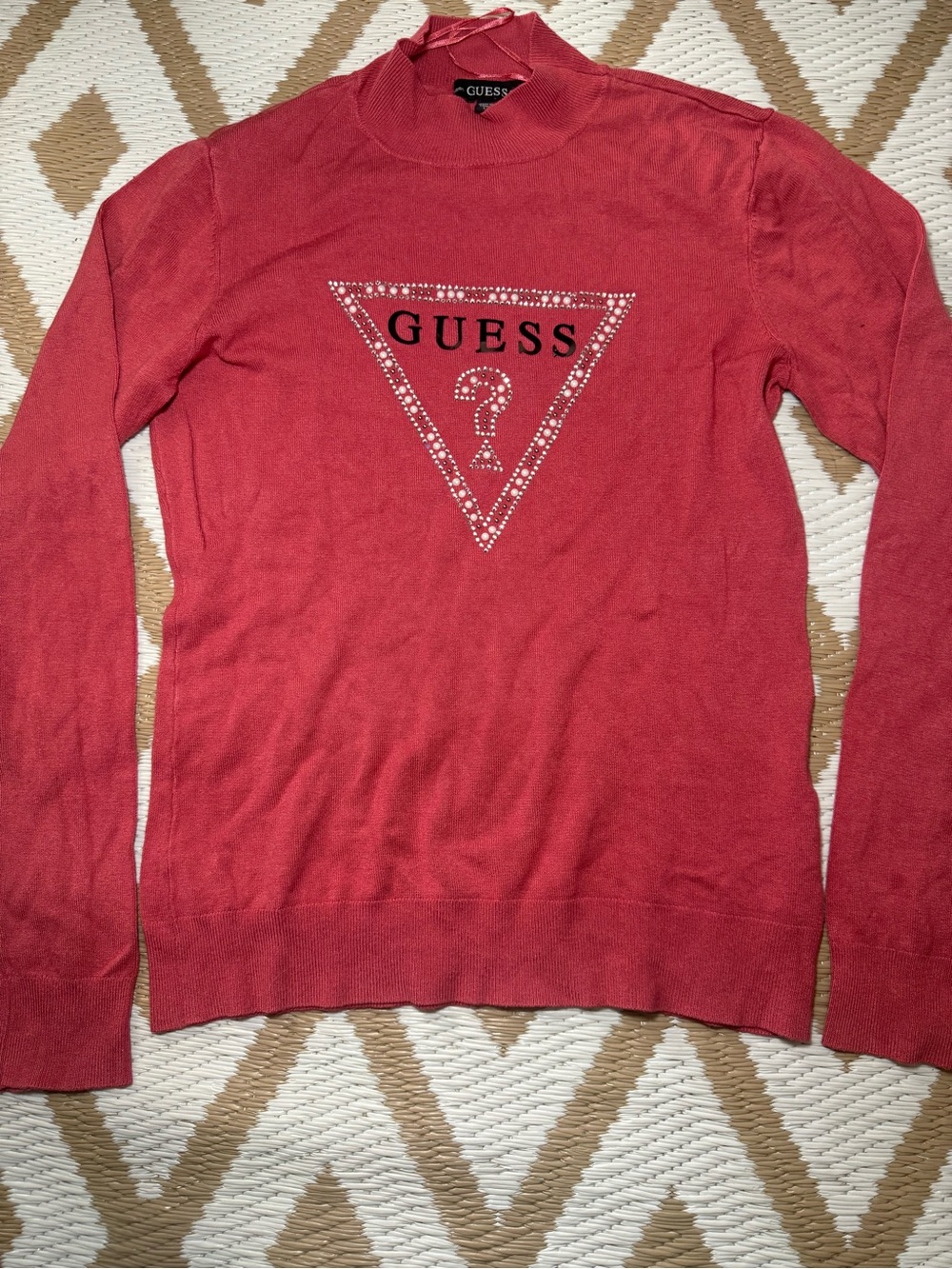 GUESS Coral Red Crystal Triangle Logo Turtleneck Sweater